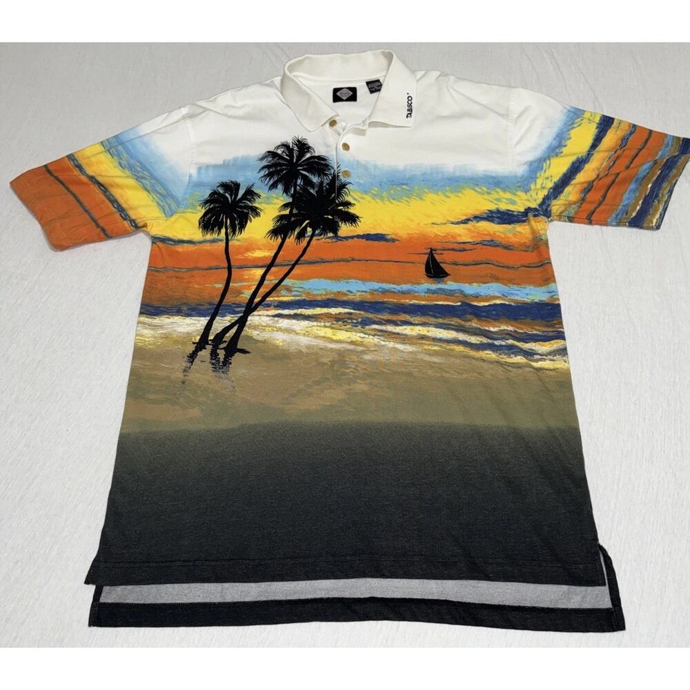 Tabasco Shirt Men’s XL Sunset Beach Sailboat Embroidered Hot Sauce Tropical